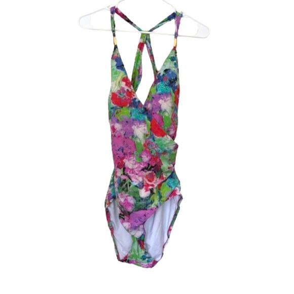 Lands' End Cross Back One Piece Swimsuit Ruched Multicolor Floral Plus Size 14 - Picture 1 of 6